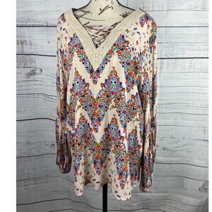 Democracy Top Womens XL Colorful Floral V Neck Long Balloon Sleeves Rayon